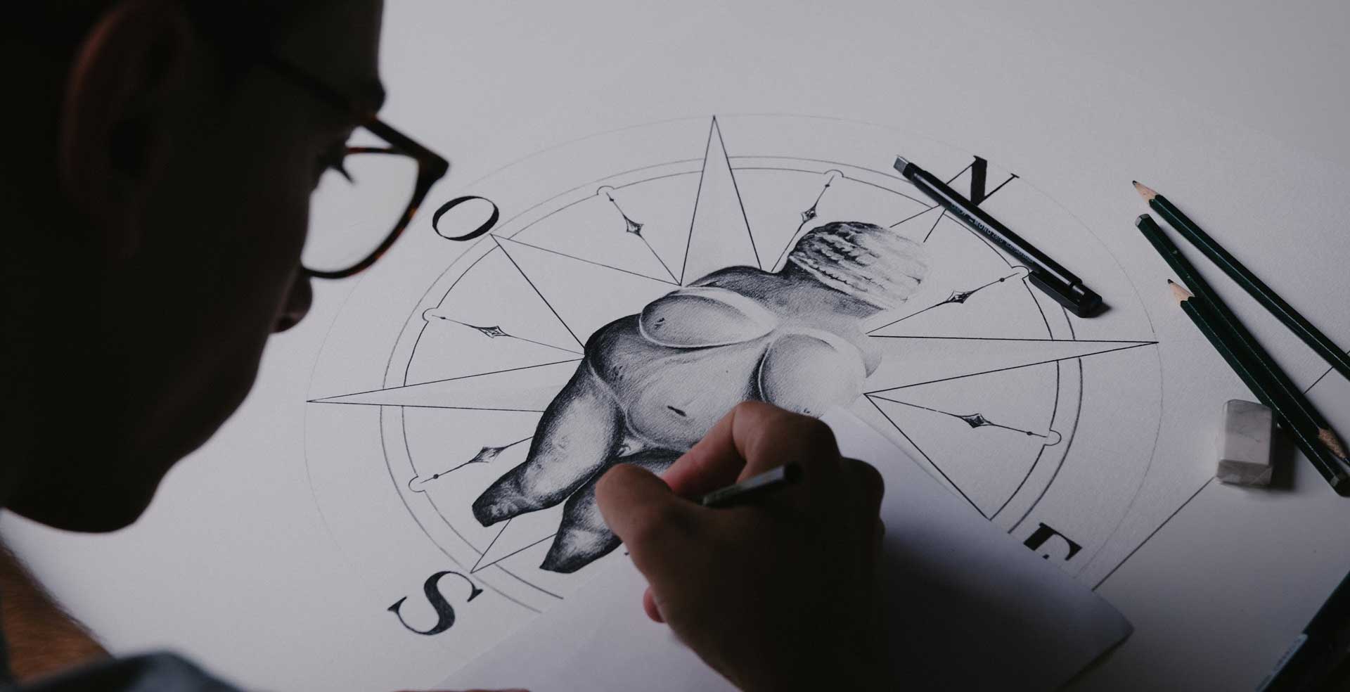 Gonçalo Drawing a dipping compass illustration with Venus of Willendorf