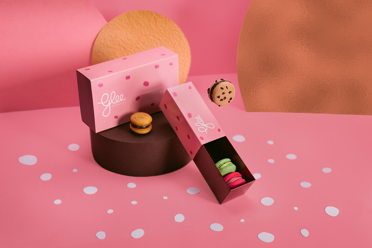 Colourful floating macarons from the Glee Brand developed at KOBU Agency.