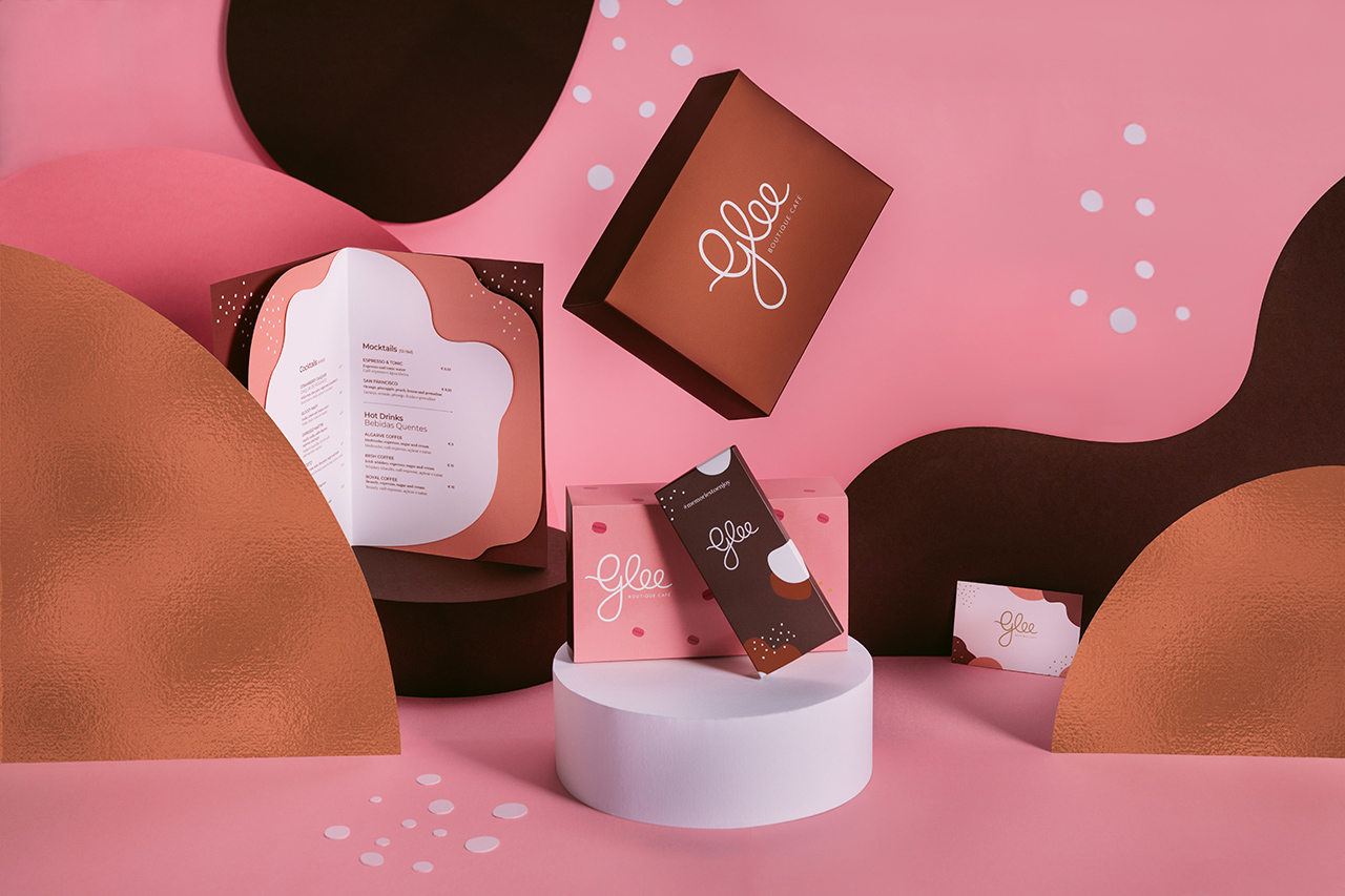 A floating packaging, papercut menu and chocolate bar from the Glee brand developed by KOBU Agency.