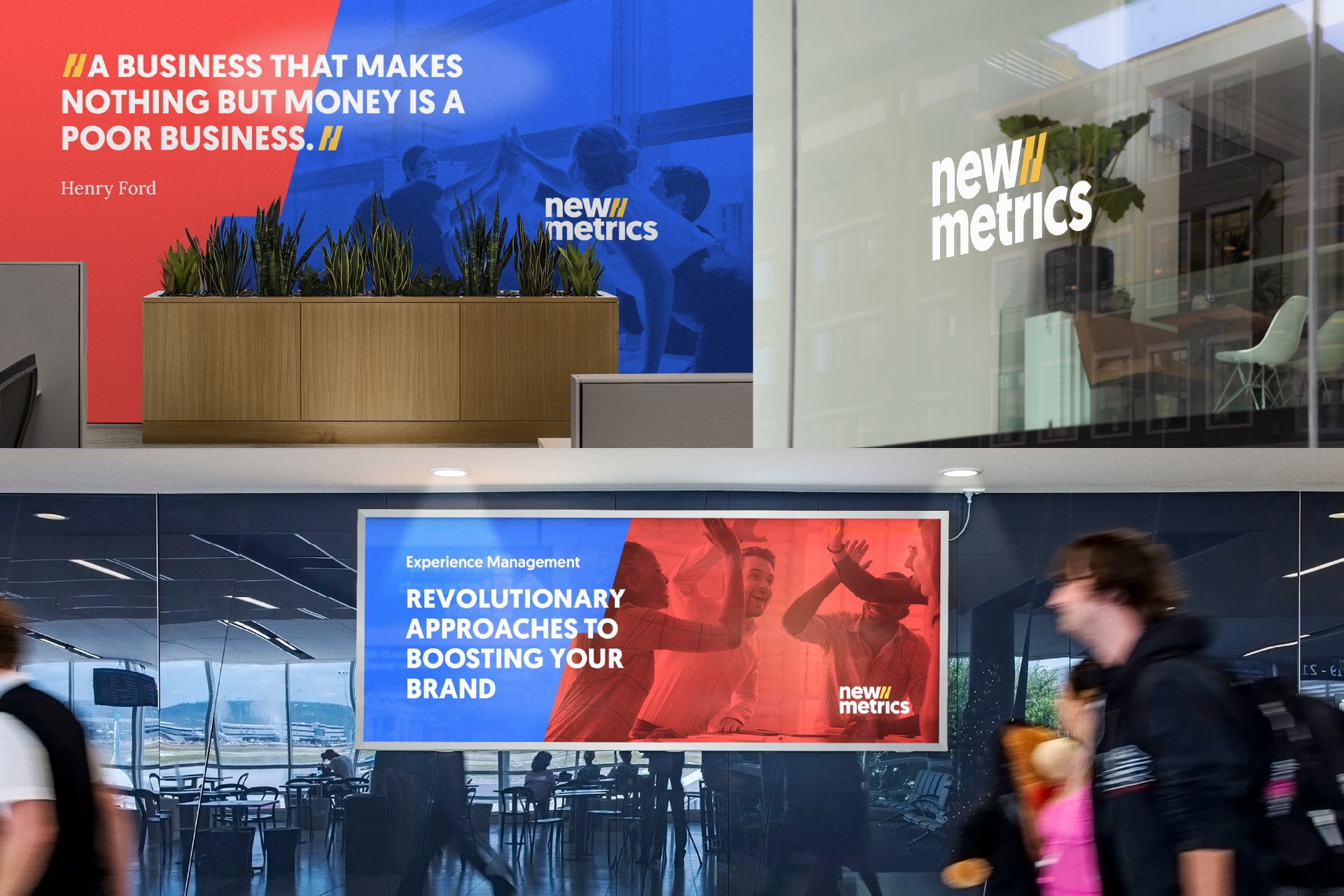New Metrics 2021 rebranding visual universe: office and outdoor communications