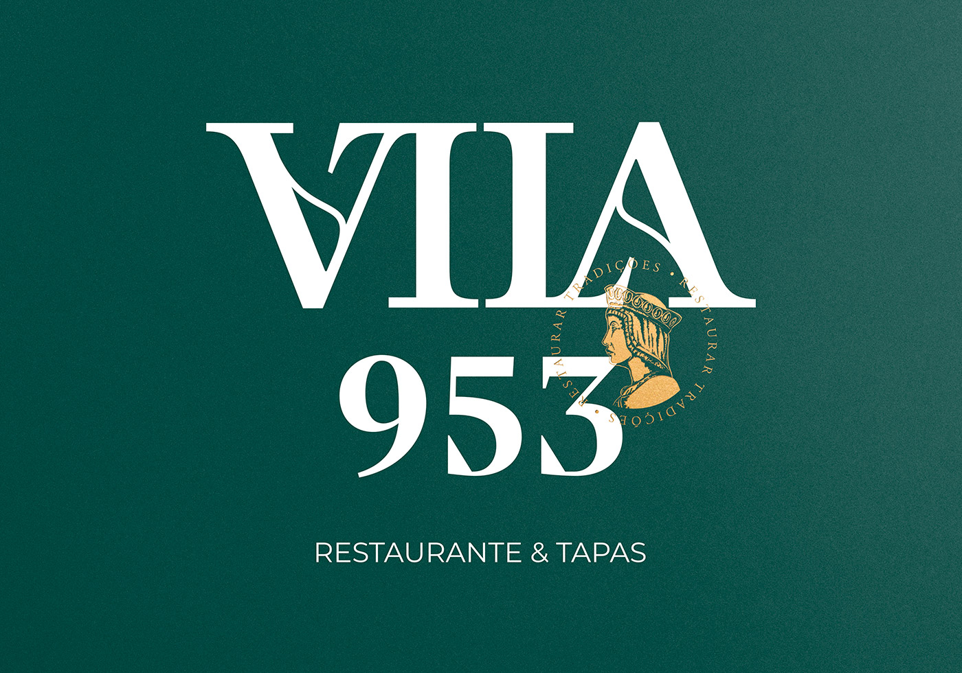 The final logo for Vila953 with stamp, signature and the claim "Restaurar tradições"