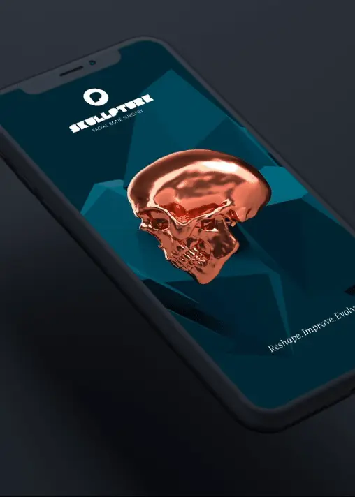 A rotating phone showcasing Skullpture's branded website, a digital experience that highlights the brand's positioning.